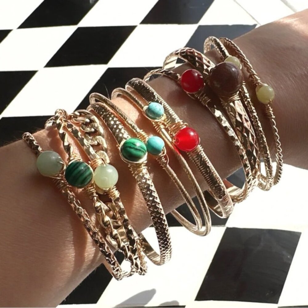 Lemon Jade gold statement bangle cuff bracelet set handmade bohemian luxury - Picture 4 of 7